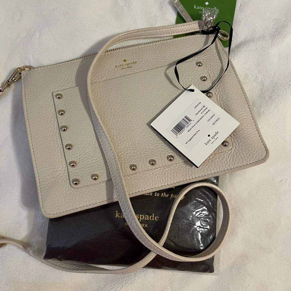 KATE SPADE ♠️ UNISEX ON PURPOSE STUDDED LEATHER CROSSBODY IN BEACHBONE NWT - Picture 1 of 10